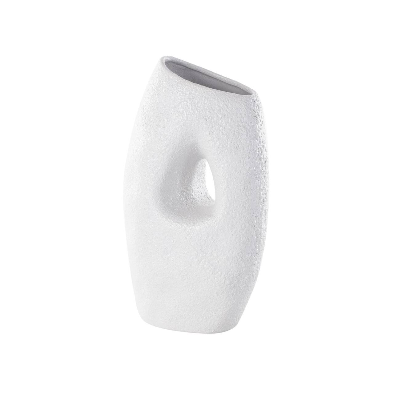 15" White Ceramic Abstract Textured Vase with Cutout Center